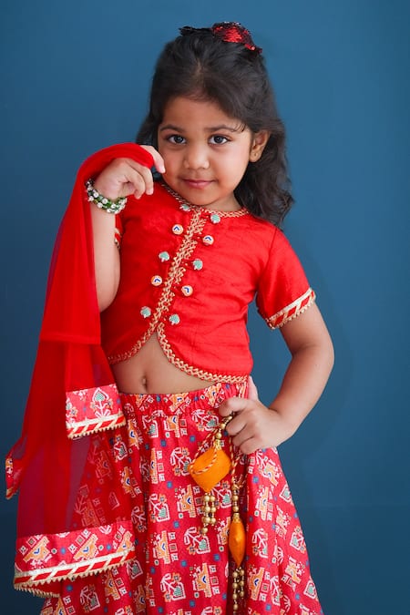 Pankhuri By Priyanka_Red Cotton Lace, Embroidery, Patchwork Patola Pattern Lehenga Set _at_Aza_Fashions