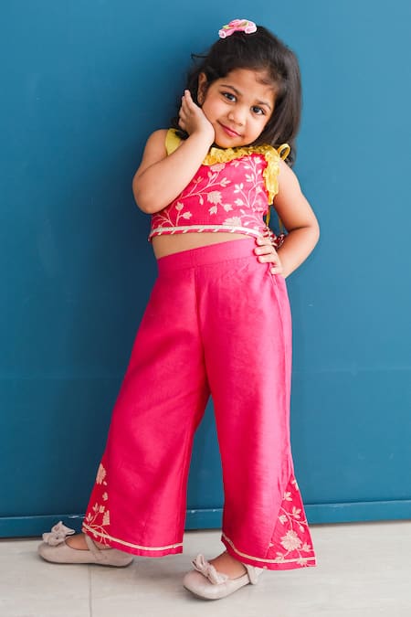 Shop_Pankhuri By Priyanka_Pink Chanderi Embroidery, Lace Floral Woven One Shoulder Top With Pant _at_Aza_Fashions