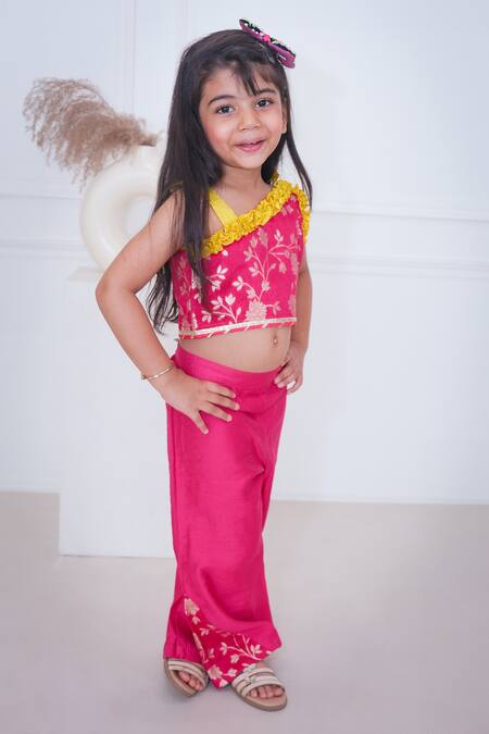 Pankhuri By Priyanka_Pink Chanderi Embroidery, Lace Floral Woven One Shoulder Top With Pant _Online_at_Aza_Fashions