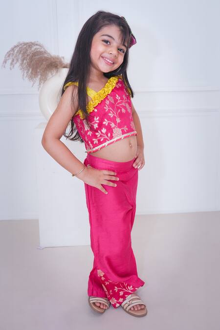 Buy_Pankhuri By Priyanka_Pink Chanderi Embroidery, Lace Floral Woven One Shoulder Top With Pant _Online_at_Aza_Fashions