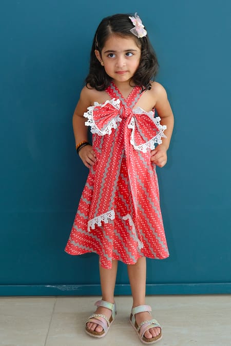 Shop_Pankhuri By Priyanka_Pink Cotton Lace Printed Front Bow Dress _at_Aza_Fashions