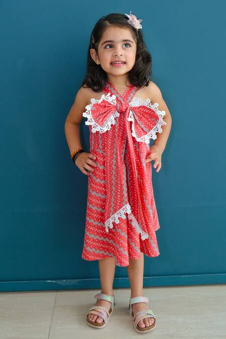 Shop_Pankhuri By Priyanka_Pink Cotton Lace Printed Front Bow Dress _Online_at_Aza_Fashions