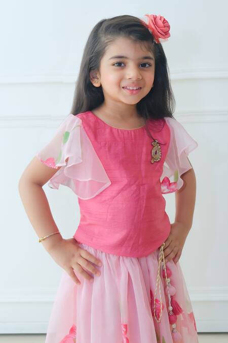 Pankhuri By Priyanka_Pink Organza, Silk Embroidery, Lace Floral Handpainted Lehenga With Blouse_Online_at_Aza_Fashions