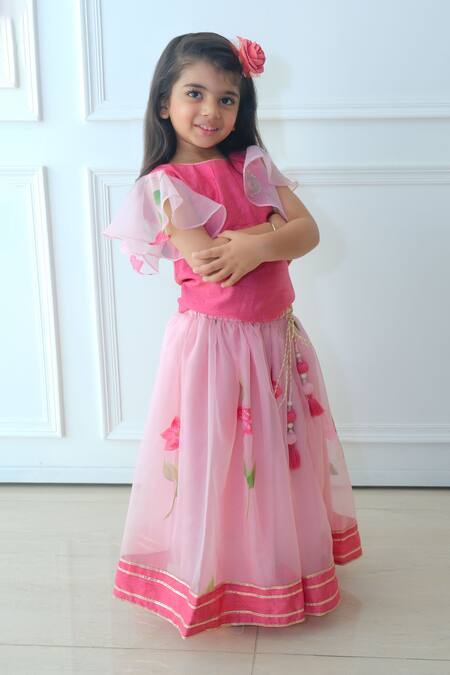 Buy_Pankhuri By Priyanka_Pink Organza, Silk Embroidery, Lace Floral Handpainted Lehenga With Blouse_Online_at_Aza_Fashions