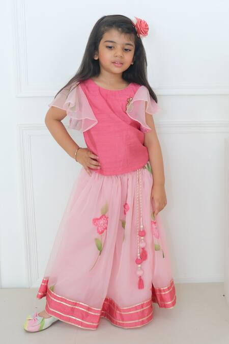 Shop_Pankhuri By Priyanka_Pink Organza, Silk Embroidery, Lace Floral Handpainted Lehenga With Blouse_Online_at_Aza_Fashions