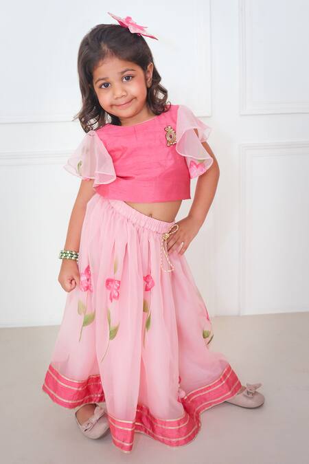 Pankhuri By Priyanka_Pink Organza, Silk Embroidery, Lace Floral Handpainted Lehenga With Blouse_at_Aza_Fashions