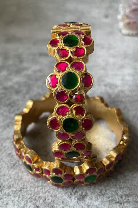 Studio6 Jewels Multi Color Stones Embellished Floral Bangles- Set Of 2 