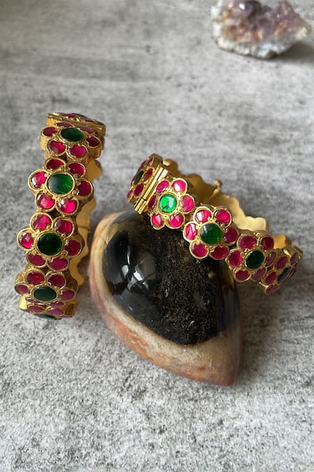 Studio6 Jewels_Multi Color Stones Embellished Floral Bangles- Set Of 2 _Online_at_Aza_Fashions
