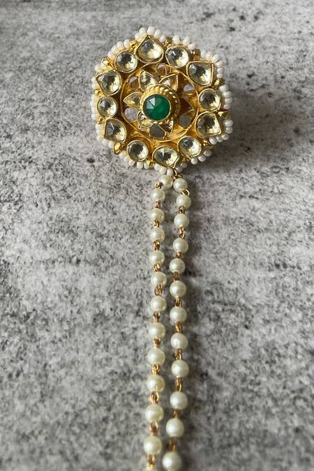 Studio6 Jewels_Green Pearls, Stones Floral Kundan Studded Hand Harness- Single Pc _Online_at_Aza_Fashions