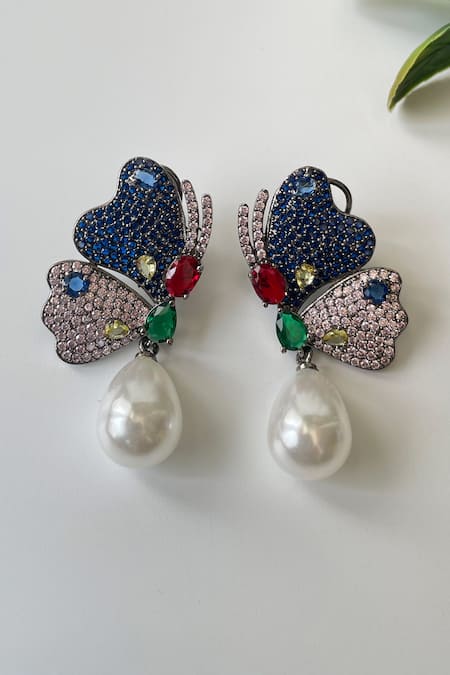 Studio6 Jewels_Multi Color Zari, Pearls Zircon Studded Drop Earrings _Online_at_Aza_Fashions