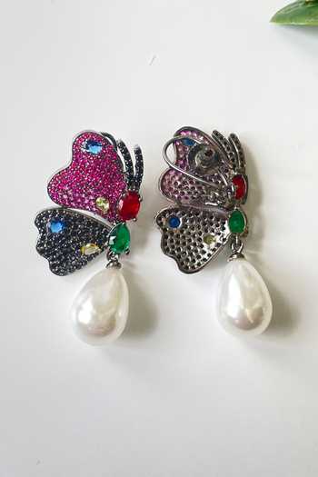 Studio6 Jewels_Multi Color Pearls, Zari Drop Zircon Studded Earrings_Online_at_Aza_Fashions
