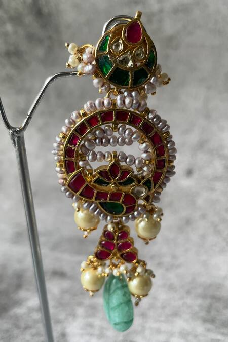 Studio6 Jewels_Multi Color Stones, Gota Patti Floral Crecent Kundan Studded Earrings _Online_at_Aza_Fashions