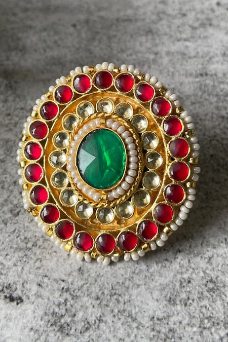 Shop_Studio6 Jewels_Multi Color Pearls, Gota Patti Kundan Embellished Circular Ring _at_Aza_Fashions