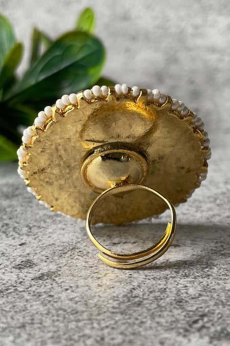 Studio6 Jewels_Multi Color Pearls, Gota Patti Kundan Embellished Circular Ring _Online_at_Aza_Fashions
