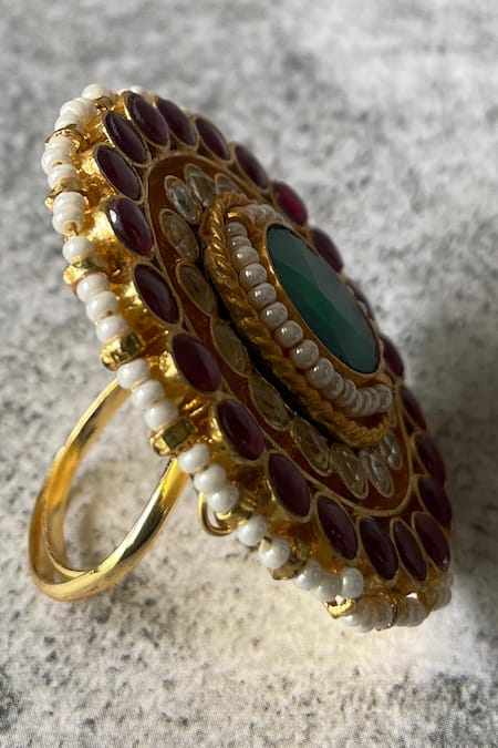 Shop_Studio6 Jewels_Multi Color Pearls, Gota Patti Kundan Embellished Circular Ring _Online_at_Aza_Fashions