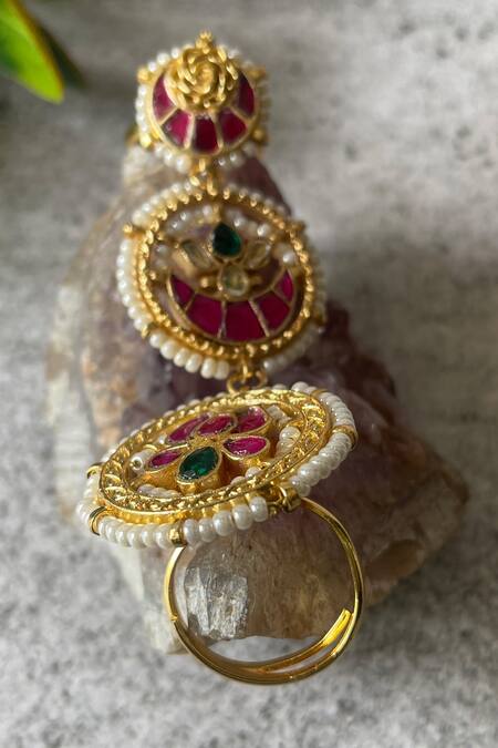 Buy_Studio6 Jewels_Multi Color Pearls Floral Kundan Embellished Layered Ring _Online_at_Aza_Fashions