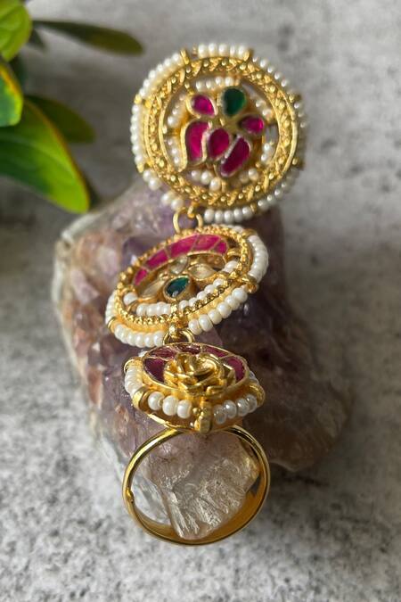 Shop_Studio6 Jewels_Multi Color Pearls Floral Kundan Embellished Layered Ring _Online_at_Aza_Fashions