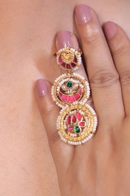 Studio6 Jewels_Multi Color Pearls Floral Kundan Embellished Layered Ring _at_Aza_Fashions