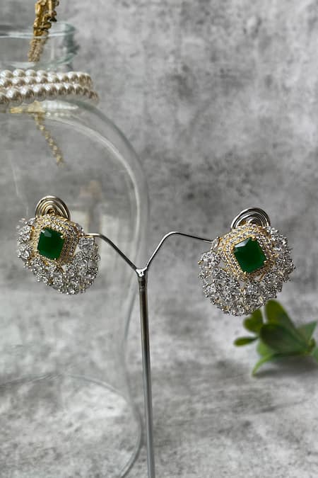 Studio6 Jewels_Green Pearls, Stones, Zari Zircon Embellished Cluster Necklace Set_Online_at_Aza_Fashions