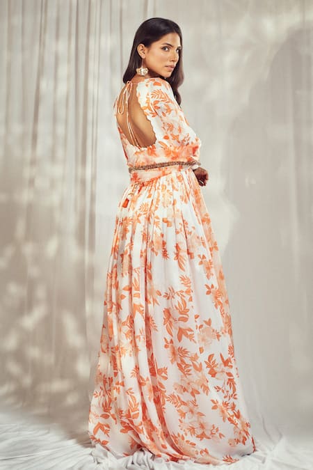 Shop Harshita Singhvi Orange Georgette, Satin, Blossom Print Gathered Flare Anarkali With Dupatta at Aza Fashions Shop_Harshita Singhvi_Orange Georgette, Satin, Blossom Print Gathered Flare Anarkali With Dupatta _at_Aza_Fashions