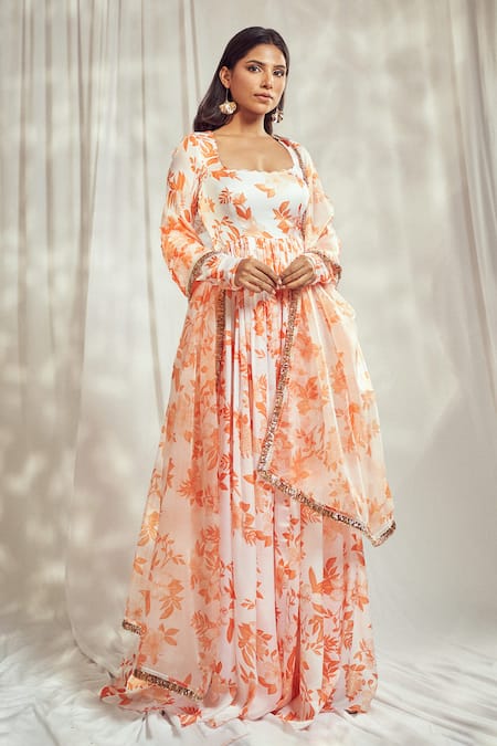 Harshita Singhvi Orange Georgette, Satin, Blossom Print Gathered Flare Anarkali With Dupatta Online at Aza Fashions Harshita Singhvi_Orange Georgette, Satin, Blossom Print Gathered Flare Anarkali With Dupatta _Online_at_Aza_Fashions