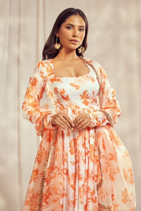 Shop Harshita Singhvi Orange Georgette, Satin, Blossom Print Gathered Flare Anarkali With Dupatta Online at Aza Fashions Shop_Harshita Singhvi_Orange Georgette, Satin, Blossom Print Gathered Flare Anarkali With Dupatta _Online_at_Aza_Fashions