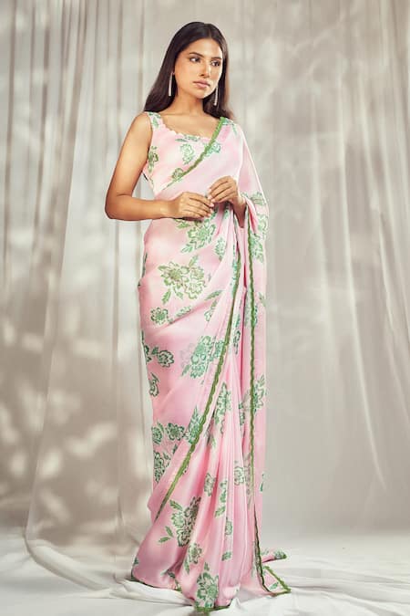 Harshita Singhvi Pink Georgette Satin Print Bahar Deep Round Neck Saree With Blouse 