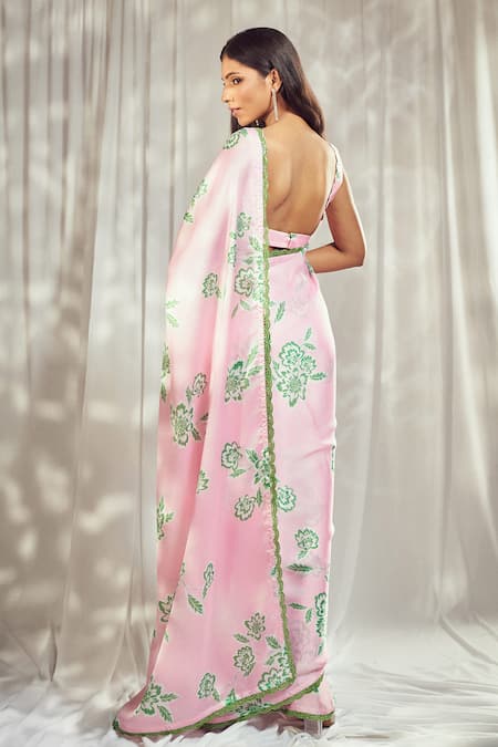 Shop Harshita Singhvi Pink Georgette, Satin Lace Round Neck Bahar Print Saree With Blouse at Aza Fashions Shop_Harshita Singhvi_Pink Georgette, Satin Lace Round Neck Bahar Print Saree With Blouse _at_Aza_Fashions