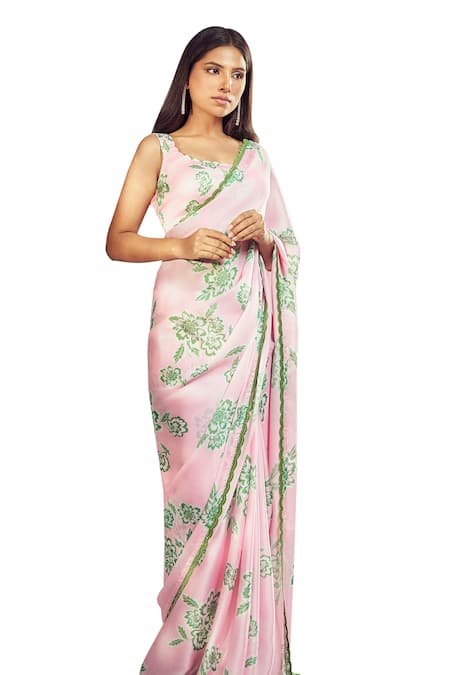 Harshita Singhvi Pink Georgette, Satin Lace Round Neck Bahar Print Saree With Blouse Online at Aza Fashions Harshita Singhvi_Pink Georgette, Satin Lace Round Neck Bahar Print Saree With Blouse _Online_at_Aza_Fashions