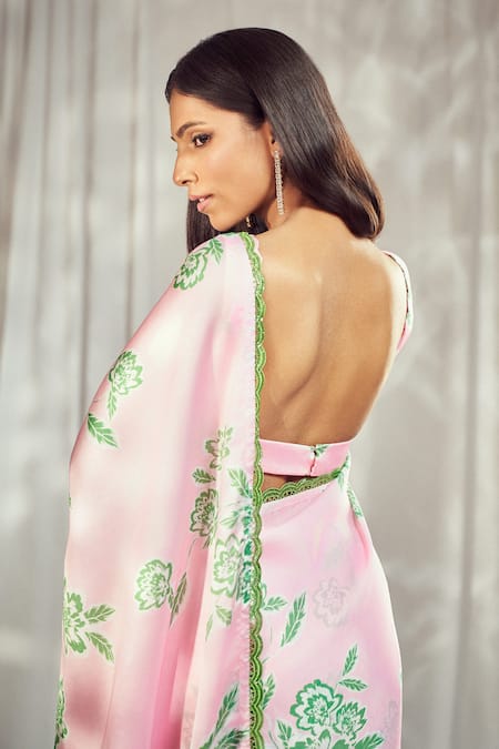 Shop Harshita Singhvi Pink Georgette, Satin Lace Round Neck Bahar Print Saree With Blouse Online at Aza Fashions Shop_Harshita Singhvi_Pink Georgette, Satin Lace Round Neck Bahar Print Saree With Blouse _Online_at_Aza_Fashions
