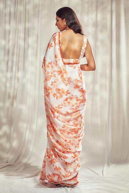 Shop Harshita Singhvi Orange Georgette, Satin Lace Round Neck Gulbahar Print Saree With Blouse at Aza Fashions Shop_Harshita Singhvi_Orange Georgette, Satin Lace Round Neck Gulbahar Print Saree With Blouse _at_Aza_Fashions
