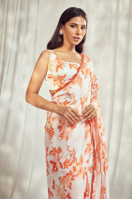 Harshita Singhvi Orange Georgette, Satin Lace Round Neck Gulbahar Print Saree With Blouse Online at Aza Fashions Harshita Singhvi_Orange Georgette, Satin Lace Round Neck Gulbahar Print Saree With Blouse _Online_at_Aza_Fashions