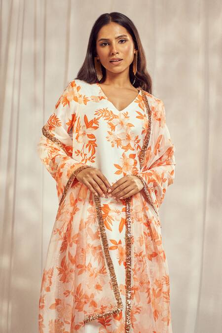 Shop_Harshita Singhvi_Orange Tussar, Silk, Organza Lace V-neck Floral Print Kurta Pant Set _Online_at_Aza_Fashions
