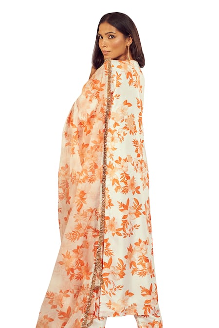 Buy_Harshita Singhvi_Orange Tussar, Silk, Organza Lace V-neck Floral Print Kurta Pant Set 