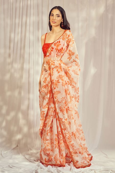 Harshita Singhvi Orange Star Organdie Print Camellia Bloom Square Saree With Embellished Blouse 