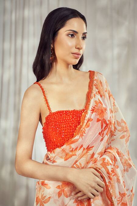 Harshita Singhvi_Orange Silk, Organza Lace, Camellia Bloom Print Saree With Embellished Blouse _Online_at_Aza_Fashions