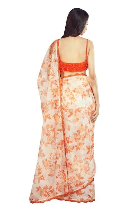 Buy_Harshita Singhvi_Orange Silk, Organza Lace, Camellia Bloom Print Saree With Embellished Blouse _Online_at_Aza_Fashions