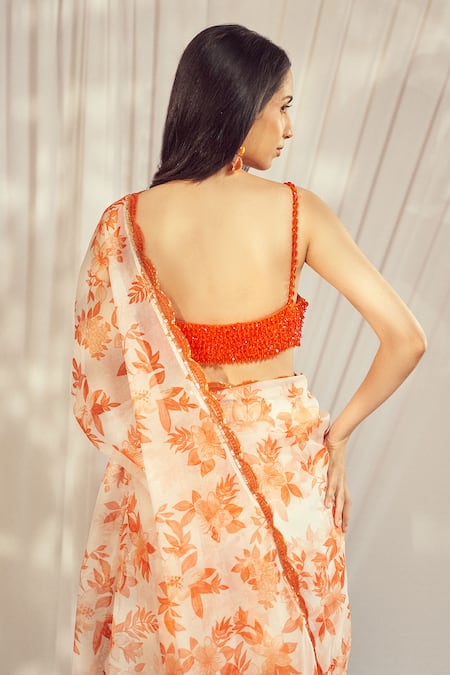 Shop_Harshita Singhvi_Orange Silk, Organza Lace, Camellia Bloom Print Saree With Embellished Blouse _Online_at_Aza_Fashions