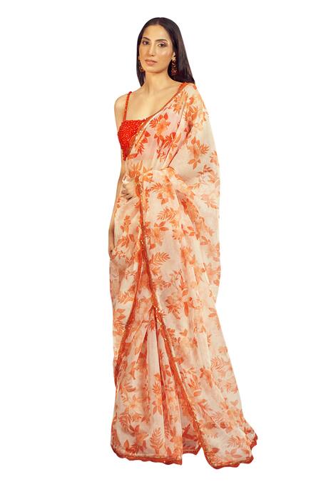 Harshita Singhvi_Orange Silk, Organza Lace, Camellia Bloom Print Saree With Embellished Blouse _at_Aza_Fashions