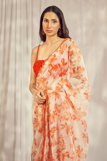 Buy_Harshita Singhvi_Orange Silk, Organza Lace, Camellia Bloom Print Saree With Embellished Blouse 