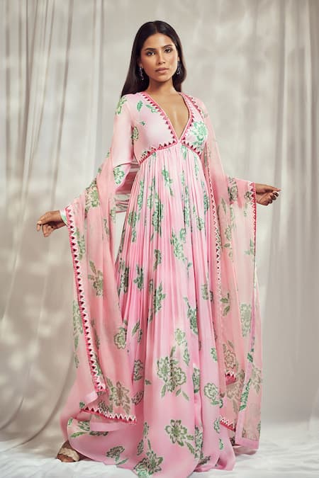 Harshita Singhvi Pink Georgette Satin Print Phool Plunging V Mirror Work Anarkali With Dupatta 