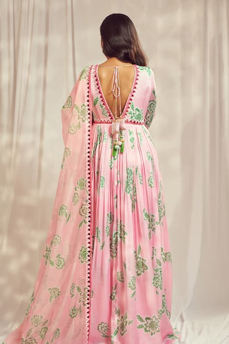 Harshita Singhvi Phool Print Mirror Work Anarkali With Dupatta 