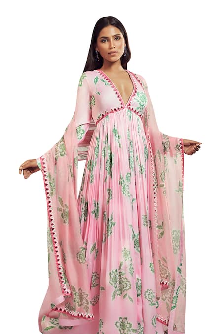 Harshita Singhvi_Pink Georgette, Satin, Organza Mirrors, Phool Print Work Anarkali With Dupatta _Online_at_Aza_Fashions