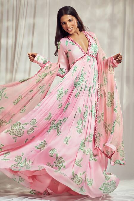 Buy_Harshita Singhvi_Pink Georgette, Satin, Organza Mirrors, Phool Print Work Anarkali With Dupatta _Online_at_Aza_Fashions