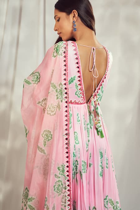 Shop_Harshita Singhvi_Pink Georgette, Satin, Organza Mirrors, Phool Print Work Anarkali With Dupatta _Online_at_Aza_Fashions