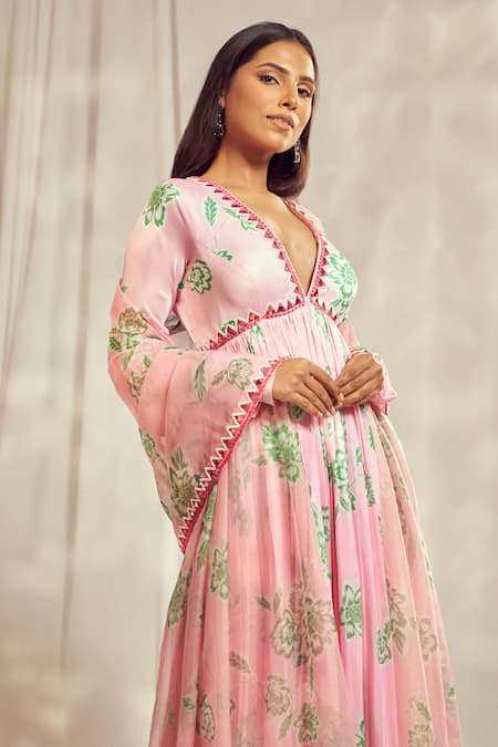 Harshita Singhvi_Pink Georgette, Satin, Organza Mirrors, Phool Print Work Anarkali With Dupatta _at_Aza_Fashions