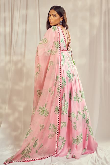Buy_Harshita Singhvi_Pink Georgette, Satin, Organza Mirrors, Phool Print Work Anarkali With Dupatta 