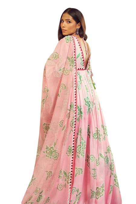 Shop_Harshita Singhvi_Pink Georgette, Satin, Organza Mirrors, Phool Print Work Anarkali With Dupatta 