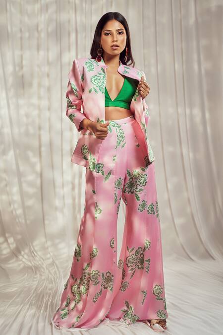 Harshita Singhvi_Pink Silk, Georgette Embroidery V-neck Fleur Print Blazer Flared Pant Set _Online_at_Aza_Fashions