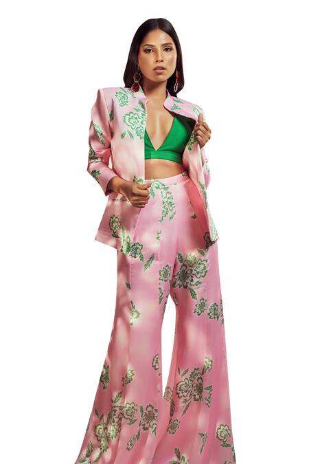 Buy_Harshita Singhvi_Pink Silk, Georgette Embroidery V-neck Fleur Print Blazer Flared Pant Set _Online_at_Aza_Fashions